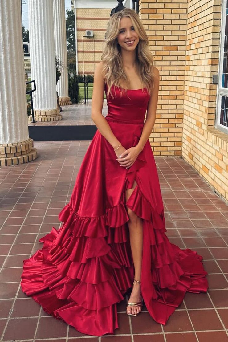 Spaghetti Straps A Line Lace-Up Ruffle Tiered Red Prom Dress with Slit