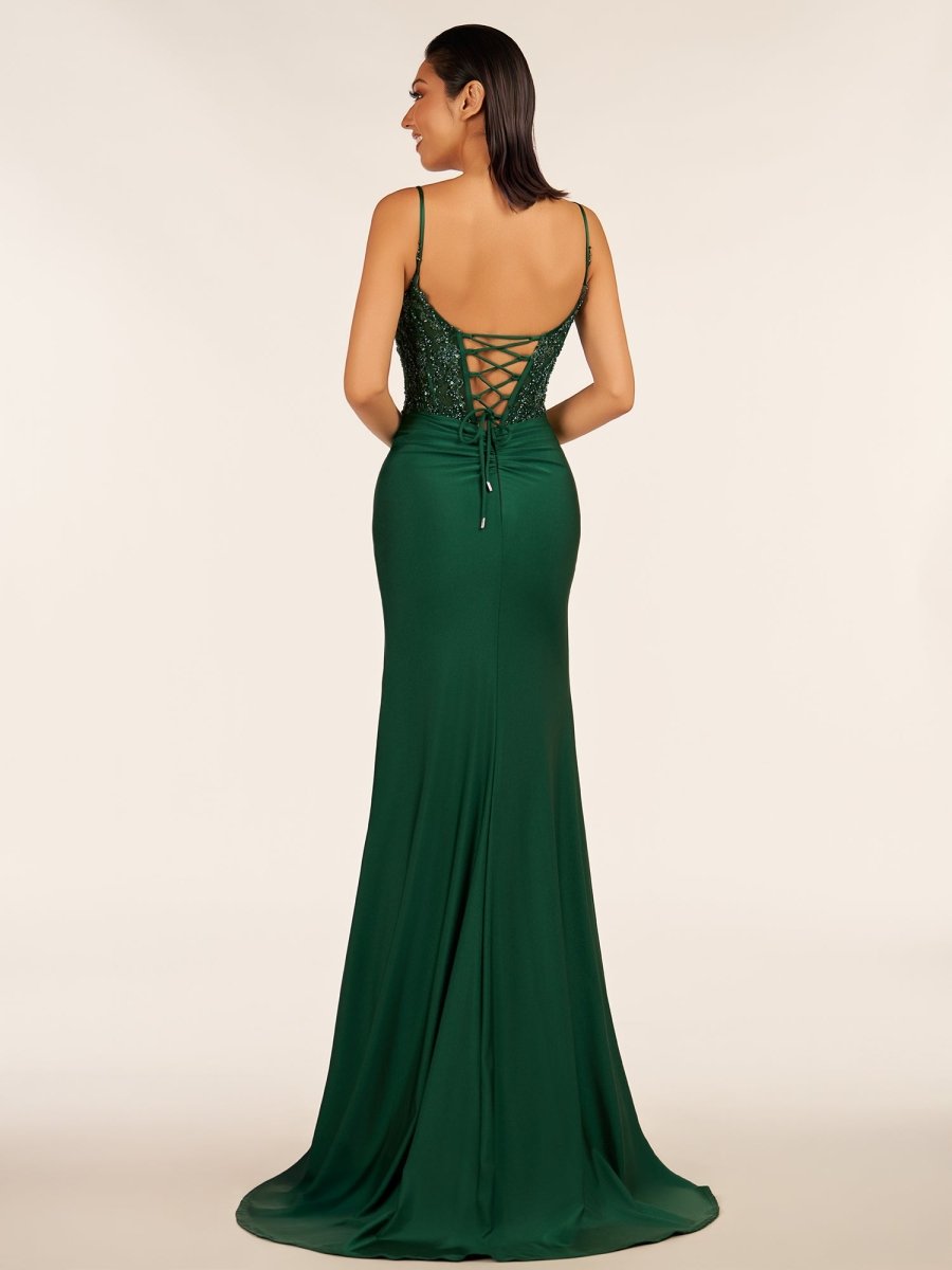 Green V Neck Beading Satin Long Slit Prom Dresses