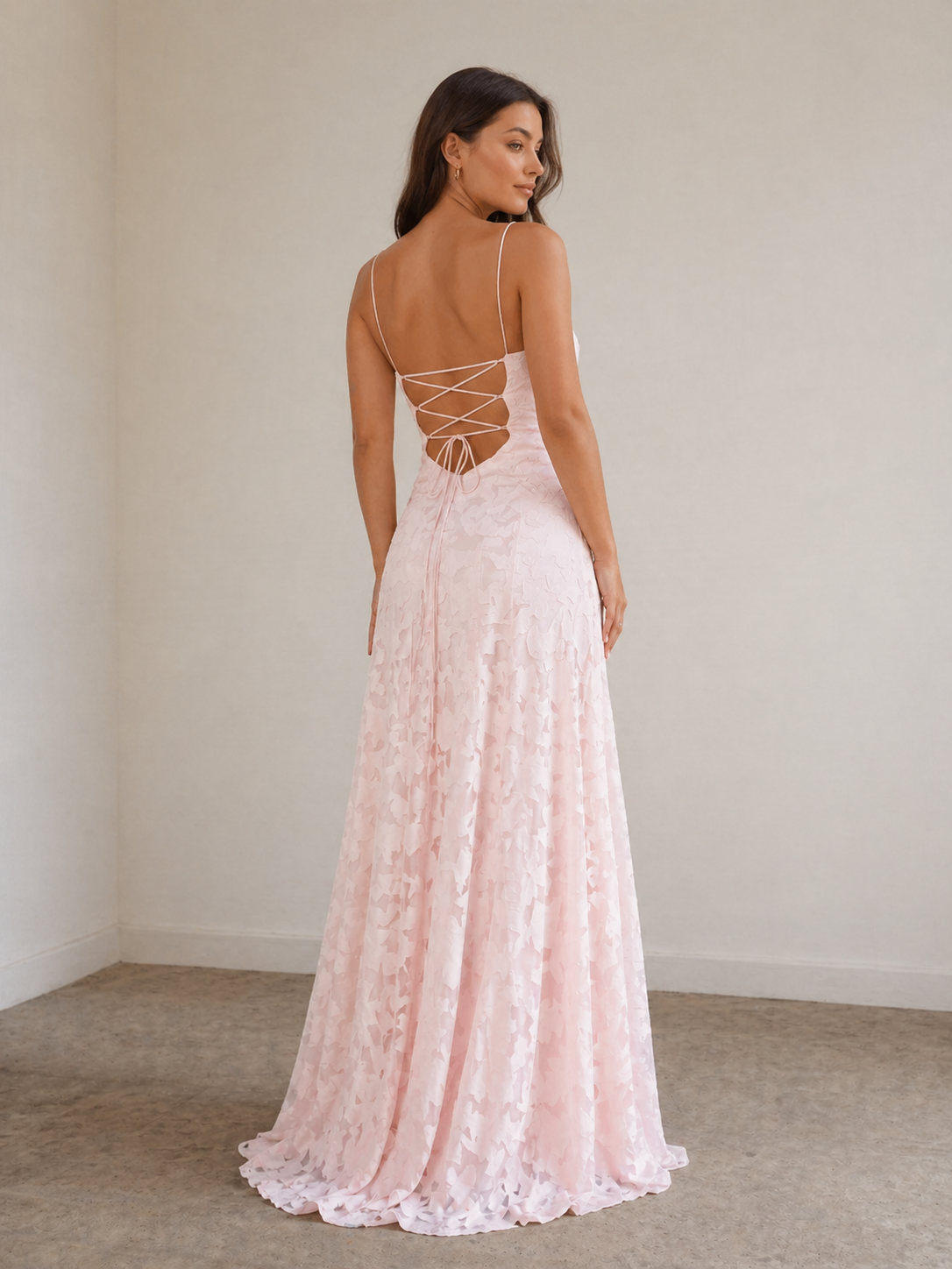 Pink A-Line Lace Floral Spaghetti Straps Long Prom Dresses