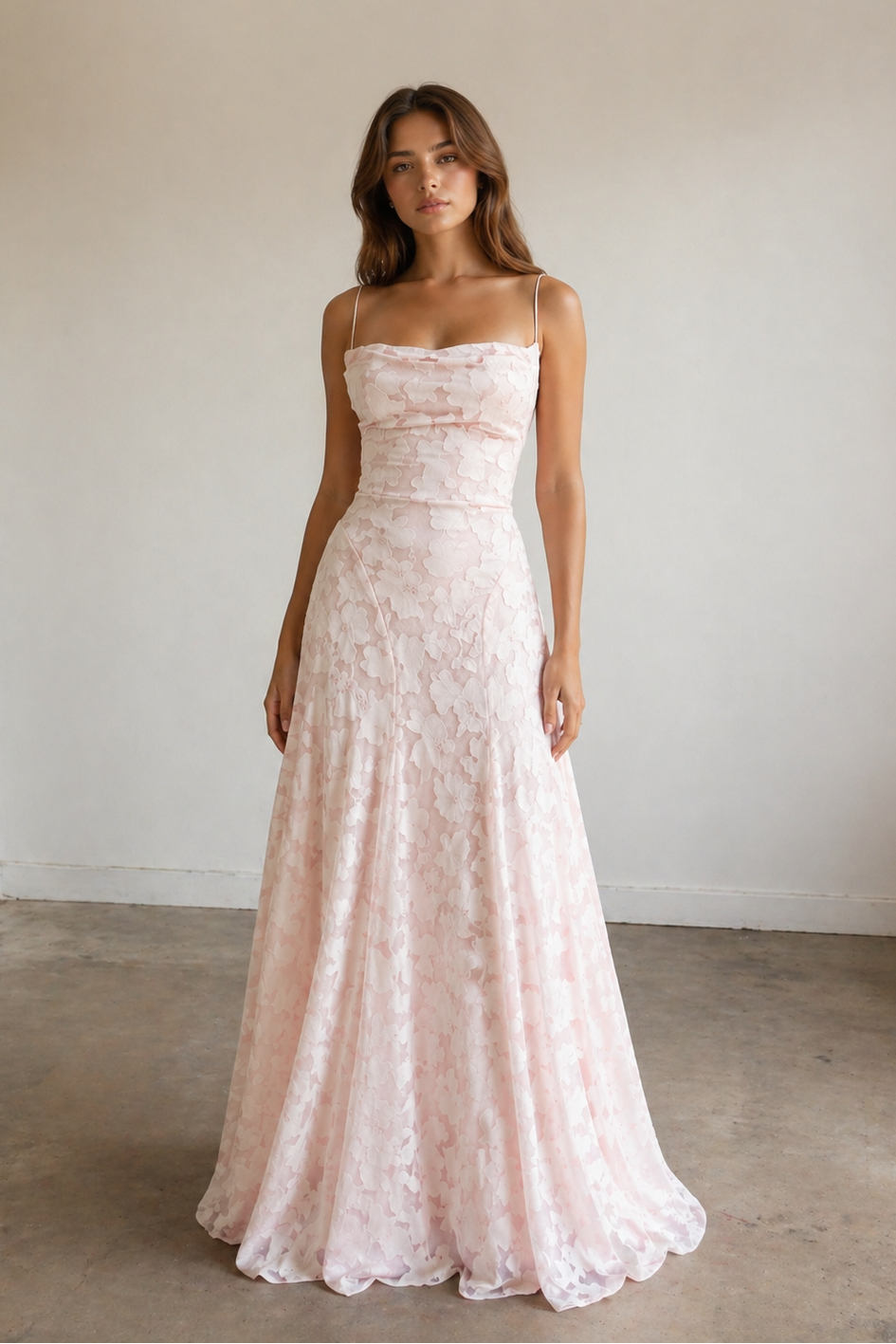Pink A-Line Lace Floral Spaghetti Straps Long Prom Dresses