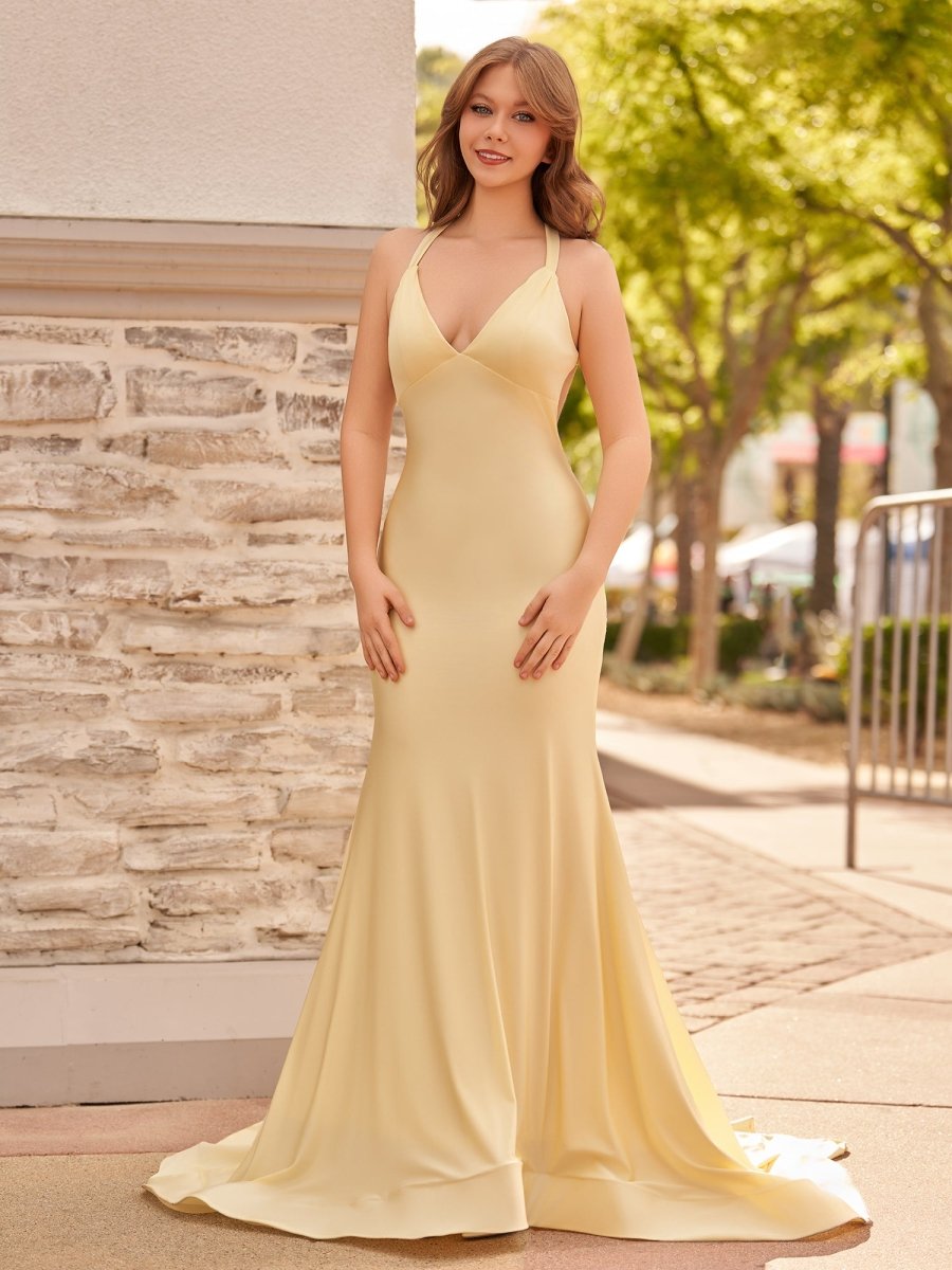 Yellow Mermaid Halter Satin Prom Dresses With Tail Evening Dress
