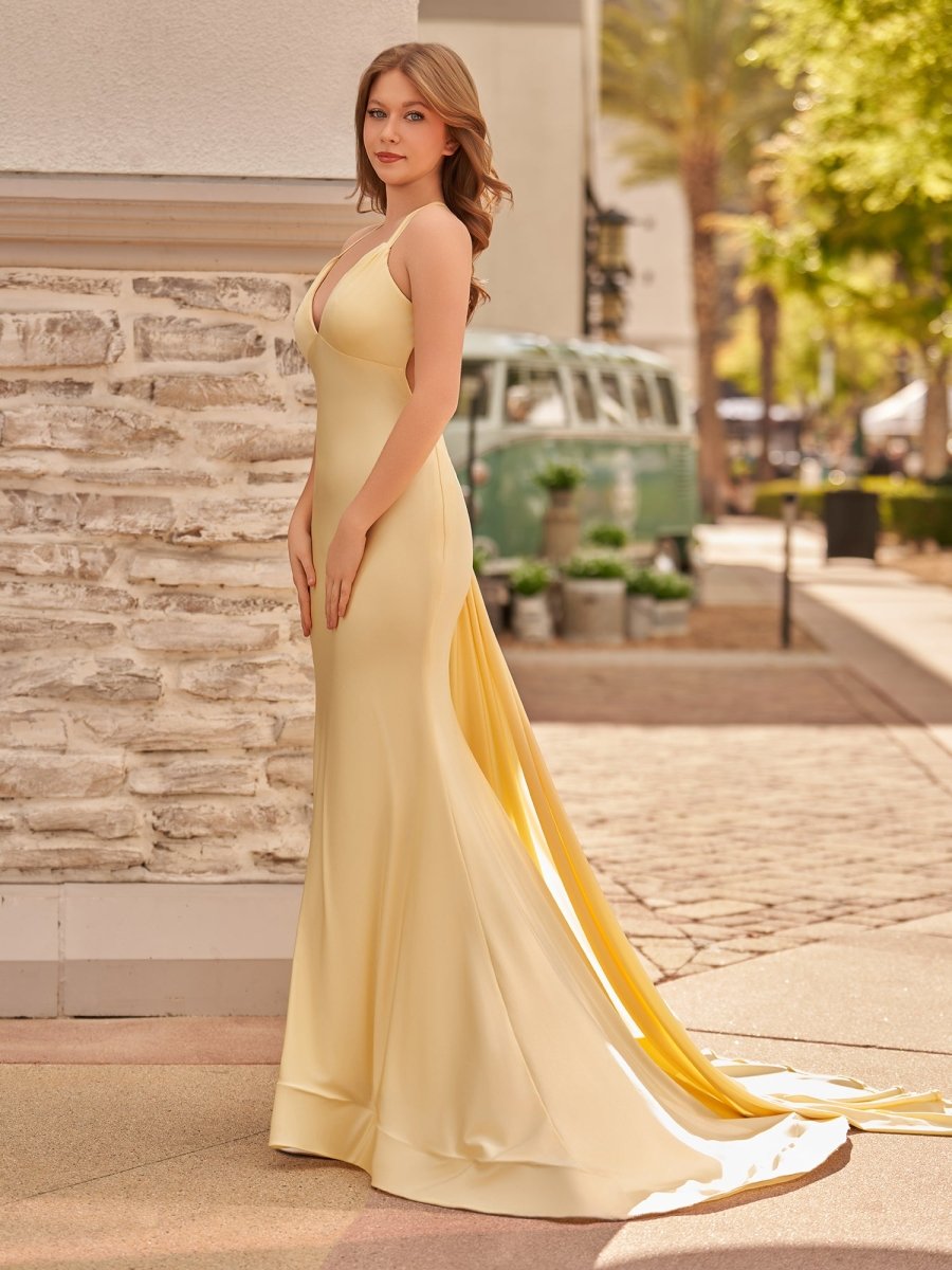 Yellow Mermaid Halter Satin Prom Dresses With Tail Evening Dress