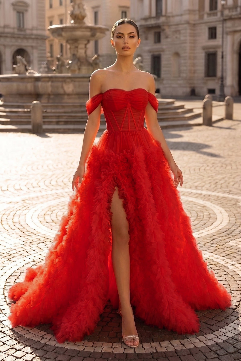 Gorgeous A Line Off the Shoulder Long Tulle Prom Dress with Slit