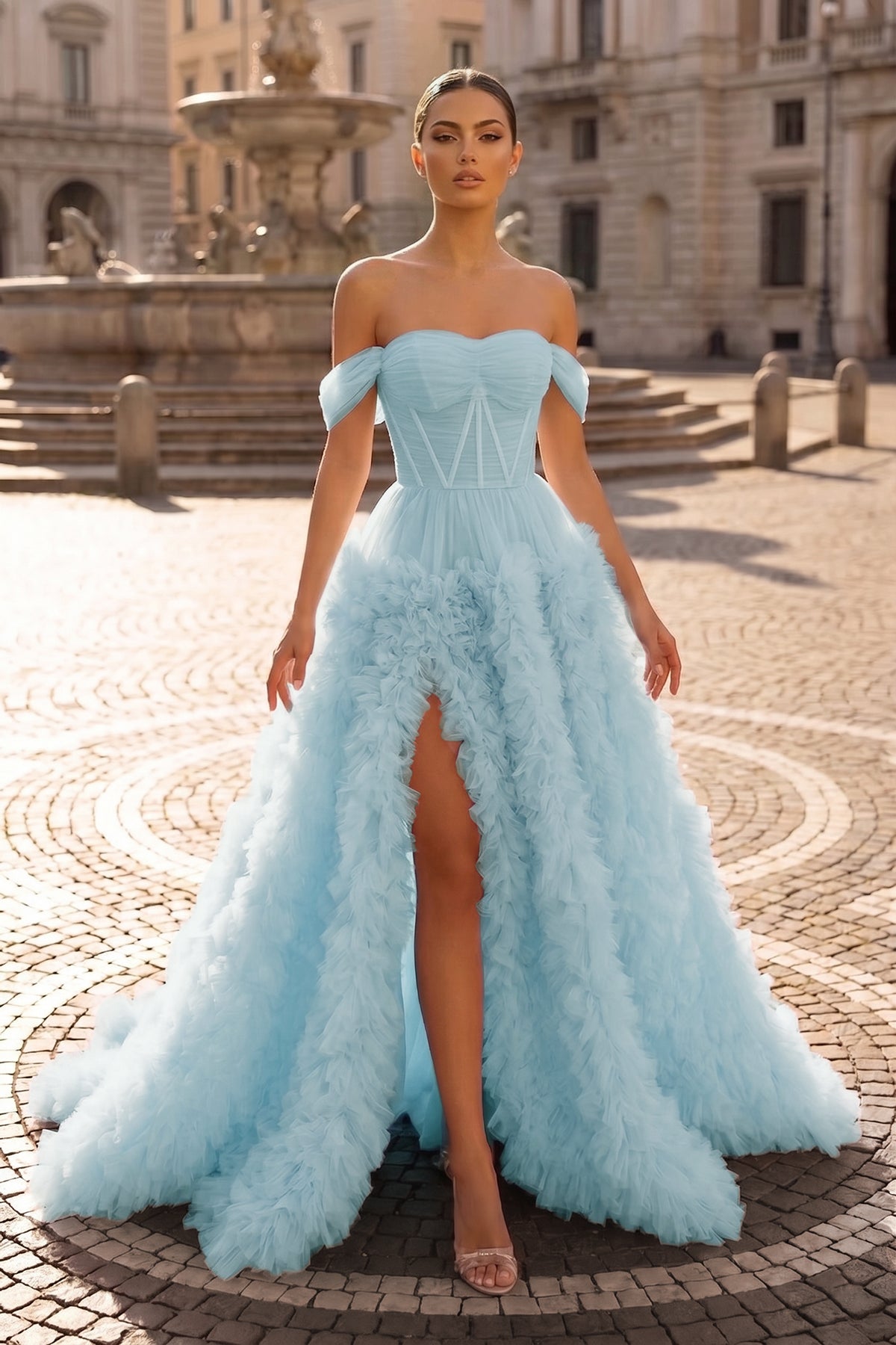 Gorgeous A Line Off the Shoulder Long Tulle Prom Dress with Slit