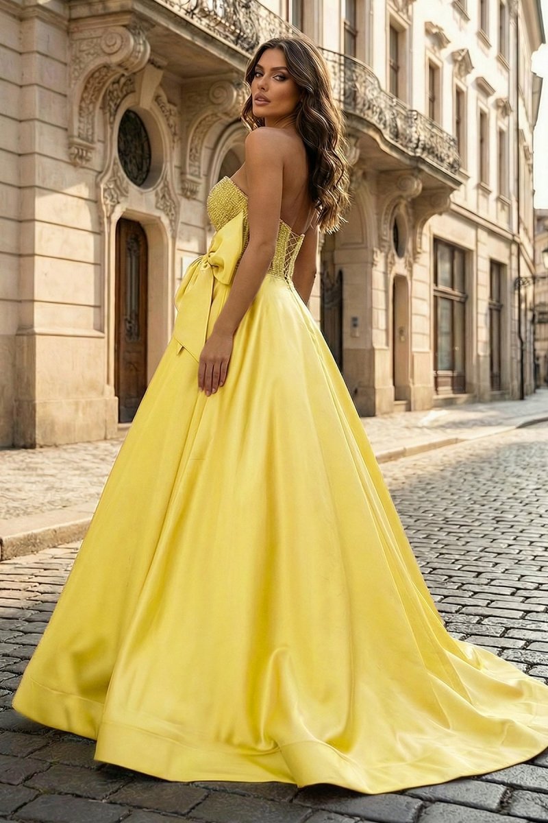 A-Line Sweetheart Lilac Beaded Long Prom Dresses With Bow