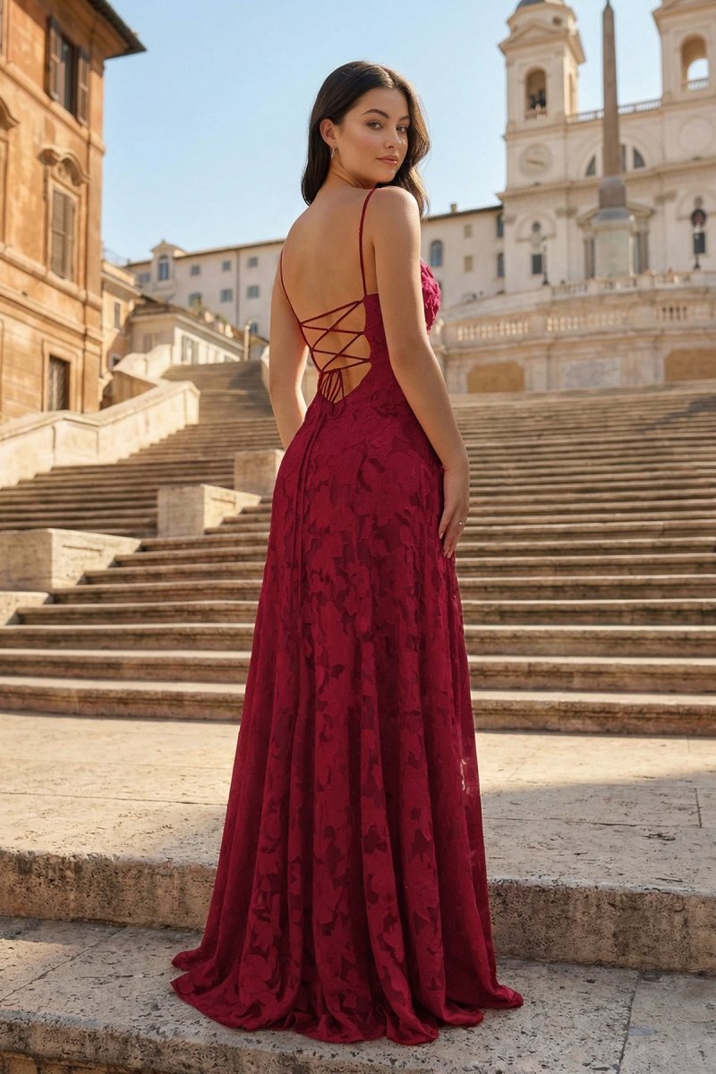 Pink A-Line Lace Floral Spaghetti Straps Long Prom Dresses