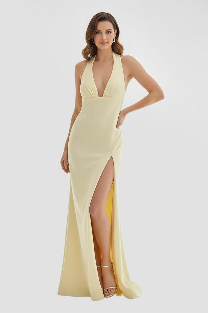 Mermaid Deep Halter Yellow Satin Long Prom Dresses with Slit
