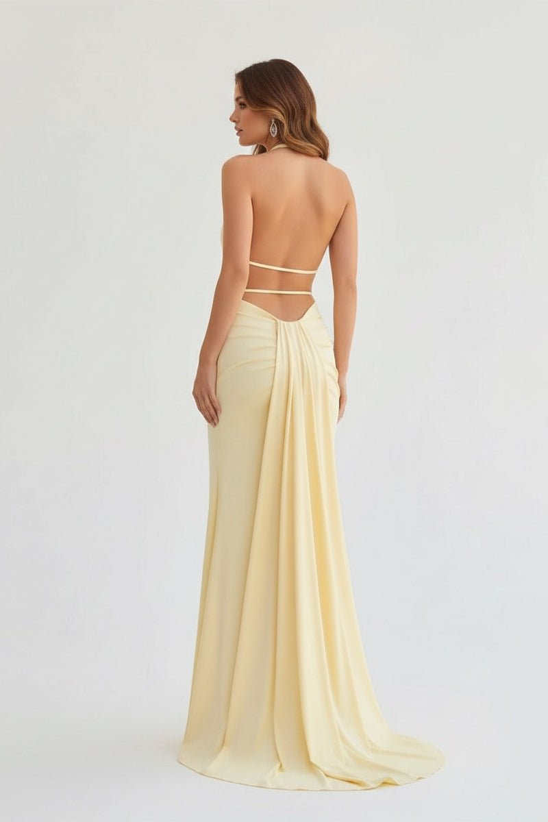 Mermaid Deep Halter Yellow Satin Long Prom Dresses with Slit