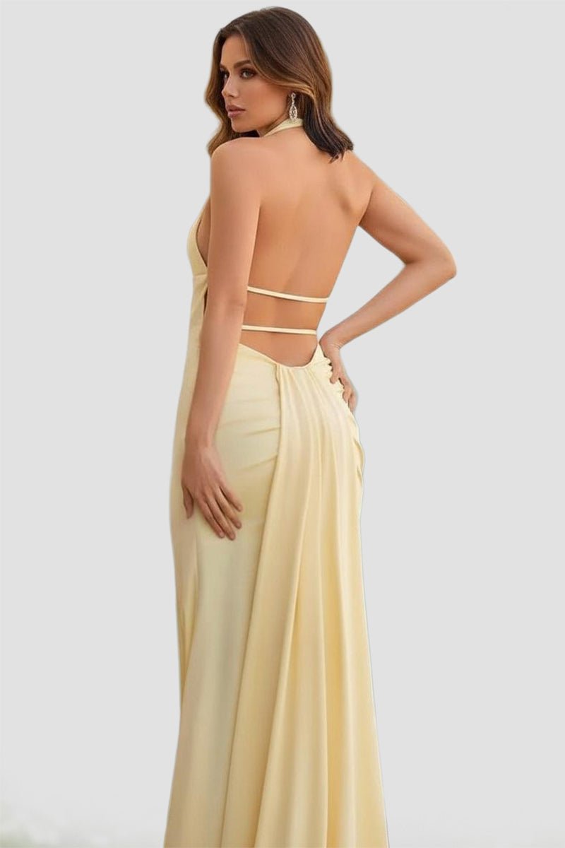 Mermaid Deep Halter Yellow Satin Long Prom Dresses with Slit