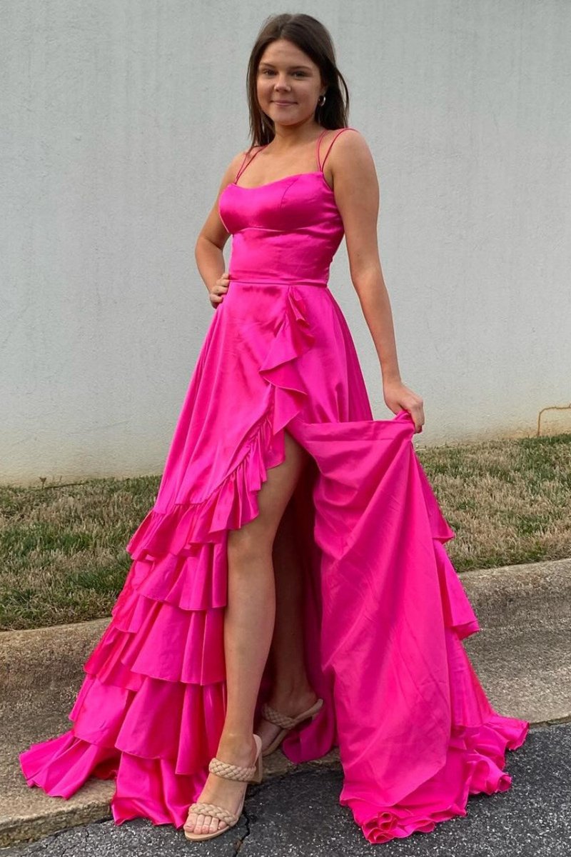 Spaghetti Straps A Line Lace-Up Ruffle Tiered Red Prom Dress with Slit