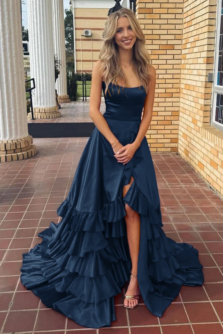 Spaghetti Straps A Line Lace-Up Ruffle Tiered Red Prom Dress with Slit