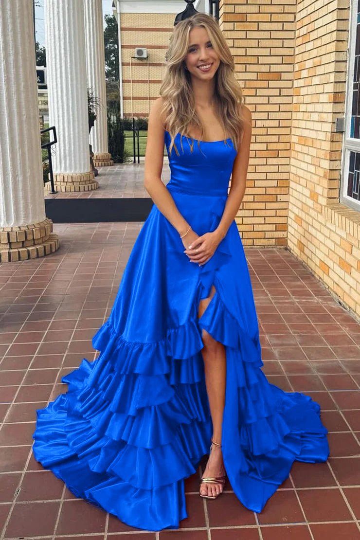Spaghetti Straps A Line Lace-Up Ruffle Tiered Red Prom Dress with Slit