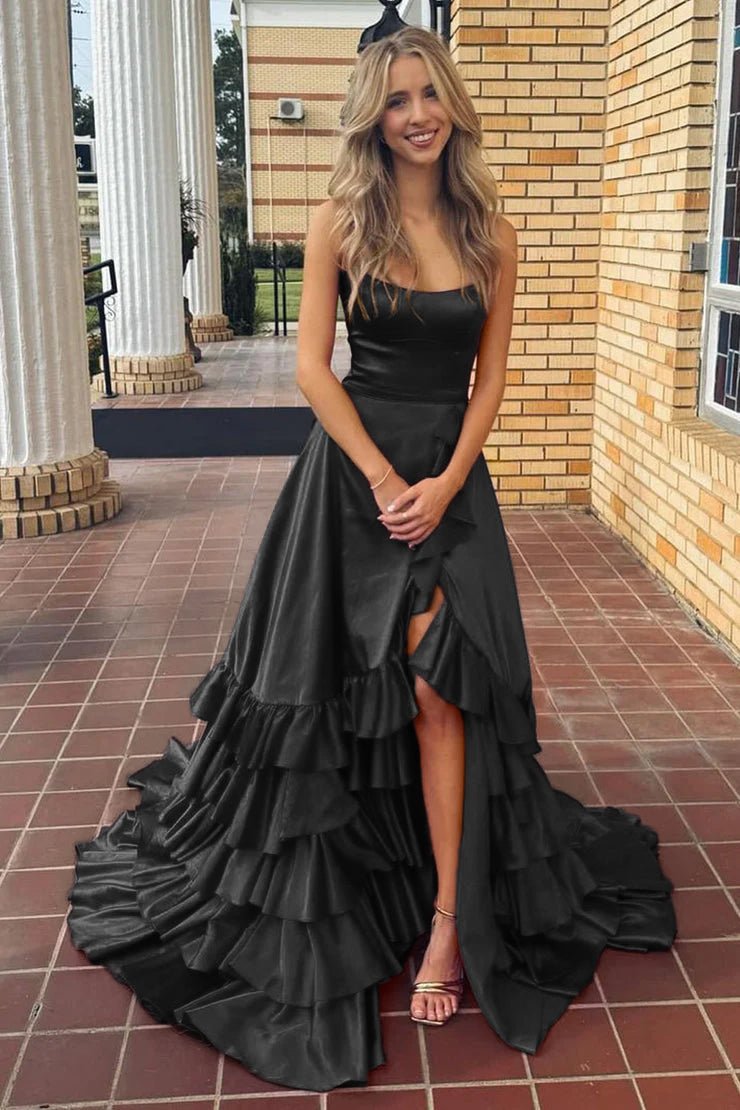 Spaghetti Straps A Line Lace-Up Ruffle Tiered Red Prom Dress with Slit