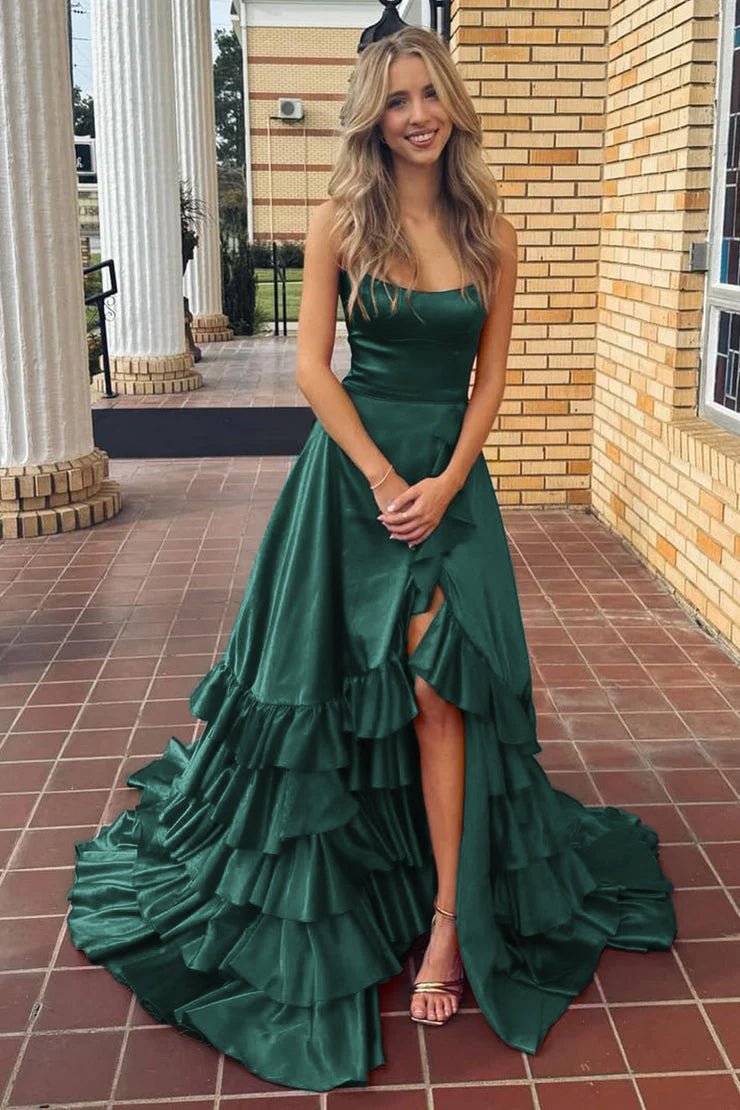 Spaghetti Straps A Line Lace-Up Ruffle Tiered Red Prom Dress with Slit