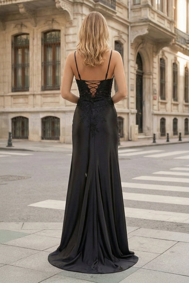 Sheath Spaghetti Straps Black Satin Long Prom Dresses with Lace Appliques