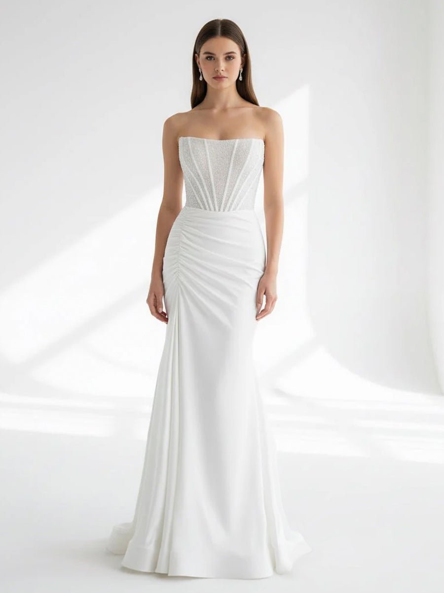 White Mermaid Strapless Satin Long Prom Dresses With Beading