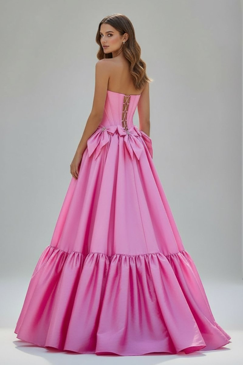 A-Line Black Strapless Satin Long Prom Dresses with Bow Knots
