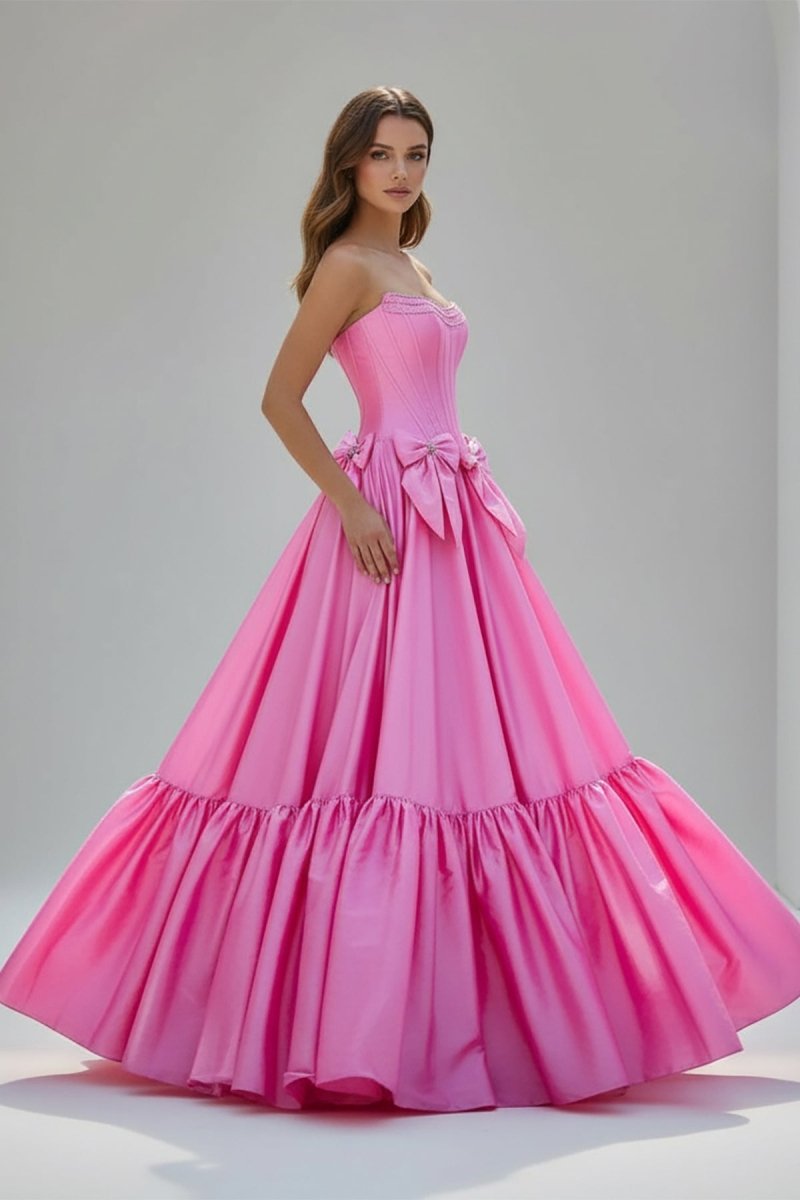 A-Line Black Strapless Satin Long Prom Dresses with Bow Knots