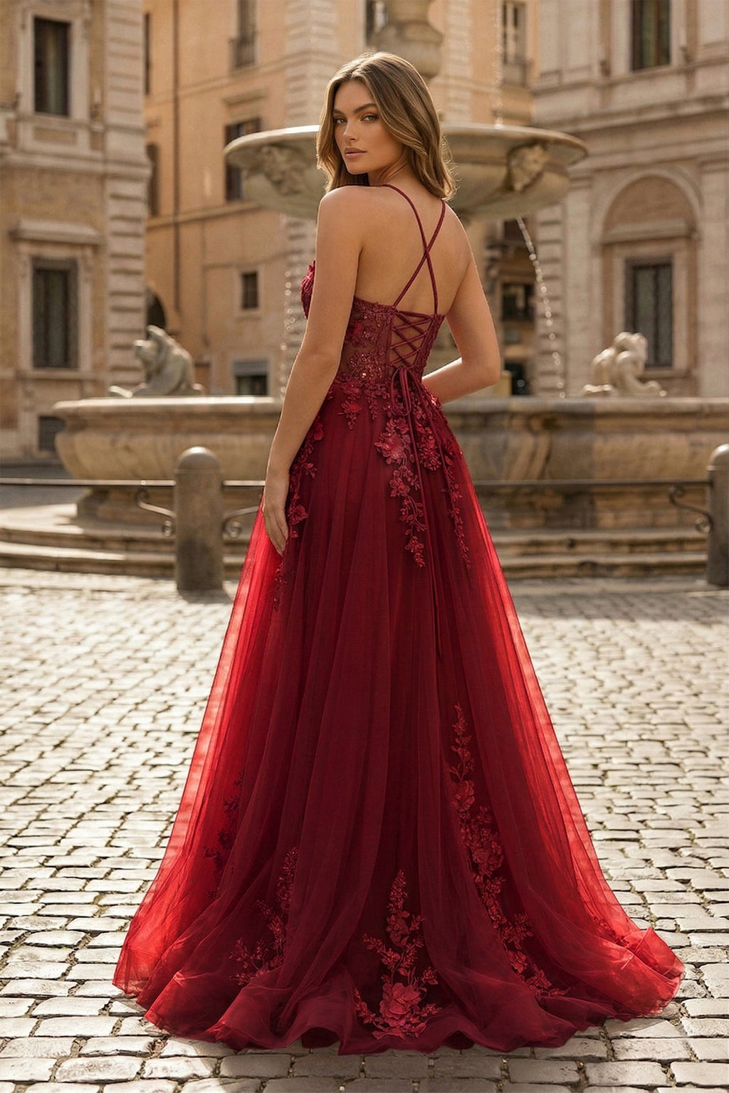 Coral Spaghetti-Straps A Line Tulle Prom Dress With Appliques