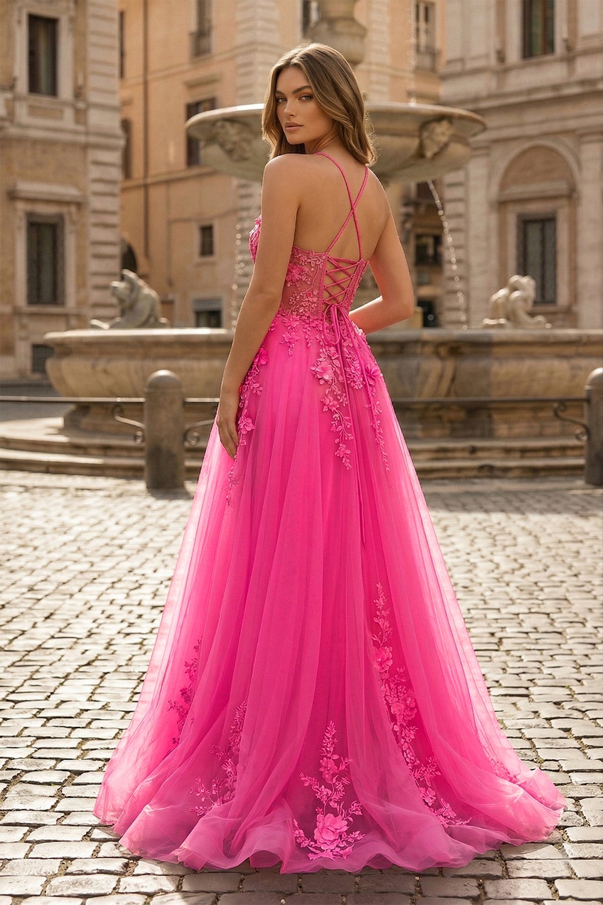 Coral Spaghetti-Straps A Line Tulle Prom Dress With Appliques