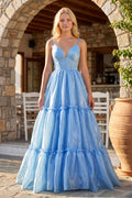 Cute A Line Spaghetti Straps Light Blue Glitter Organza Satin Prom Dress
