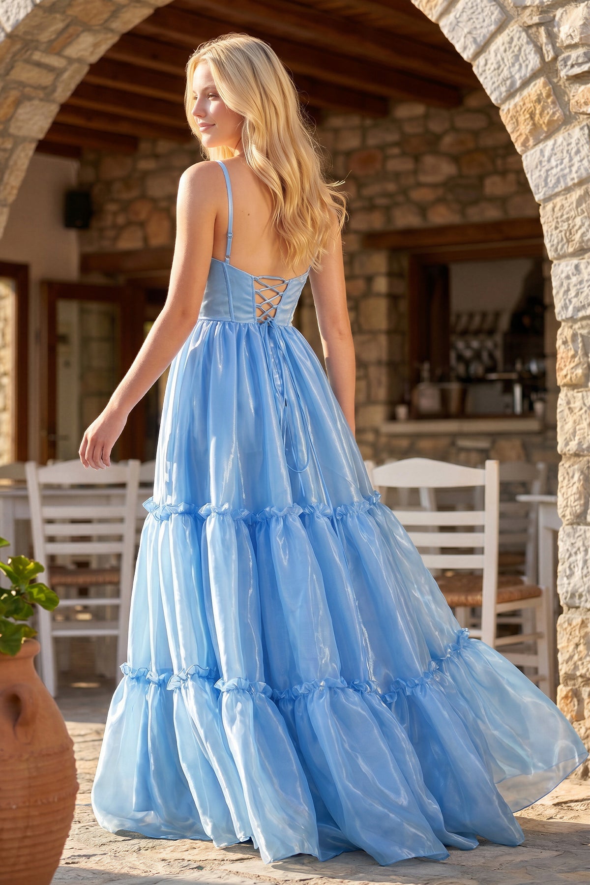 Cute A Line Spaghetti Straps Light Blue Glitter Organza Satin Prom Dress