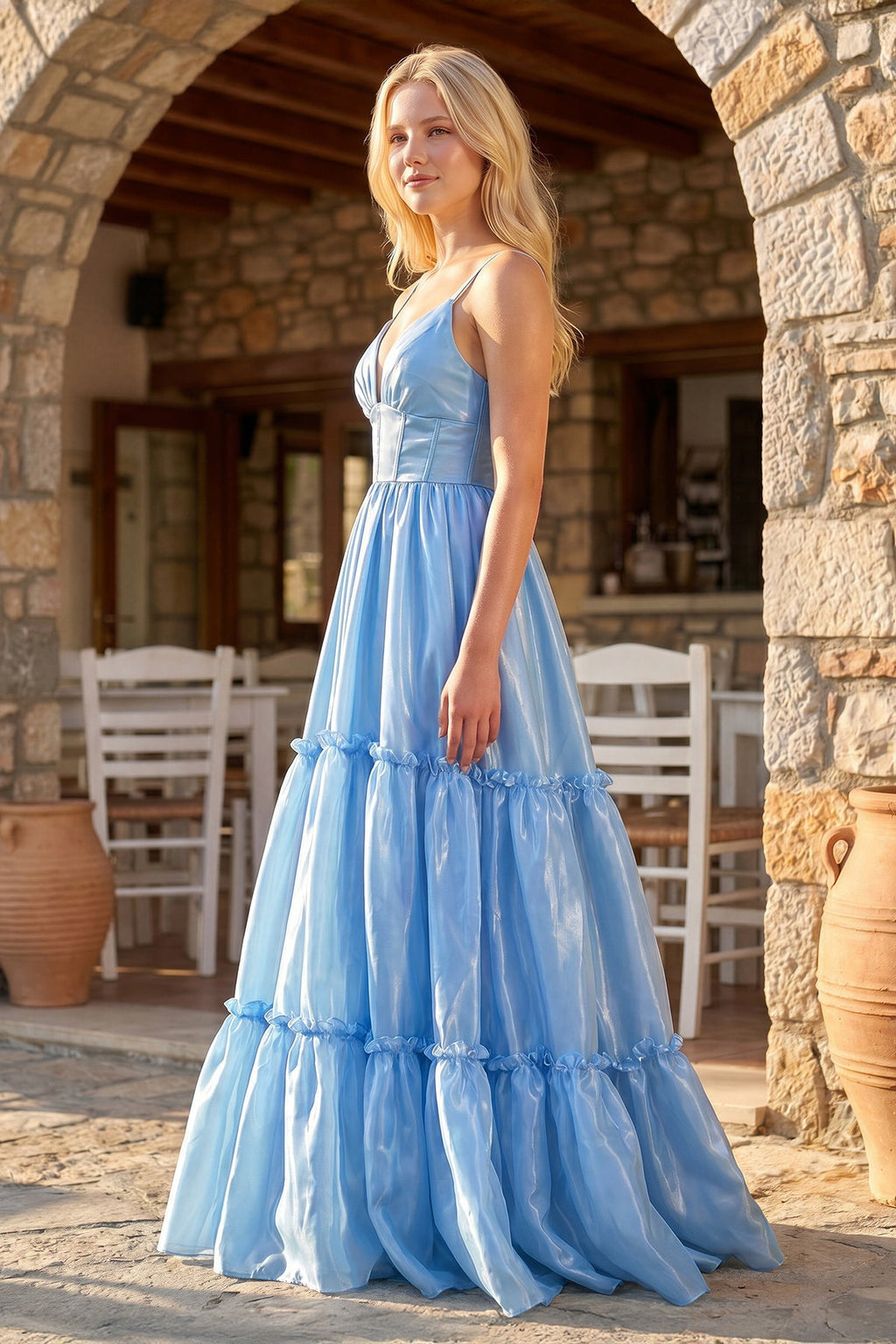 Cute A Line Spaghetti Straps Light Blue Glitter Organza Satin Prom Dress
