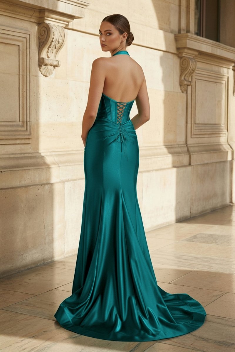 Navy Halter Corset Mermaid Ruched Long Formal Dress with Slit