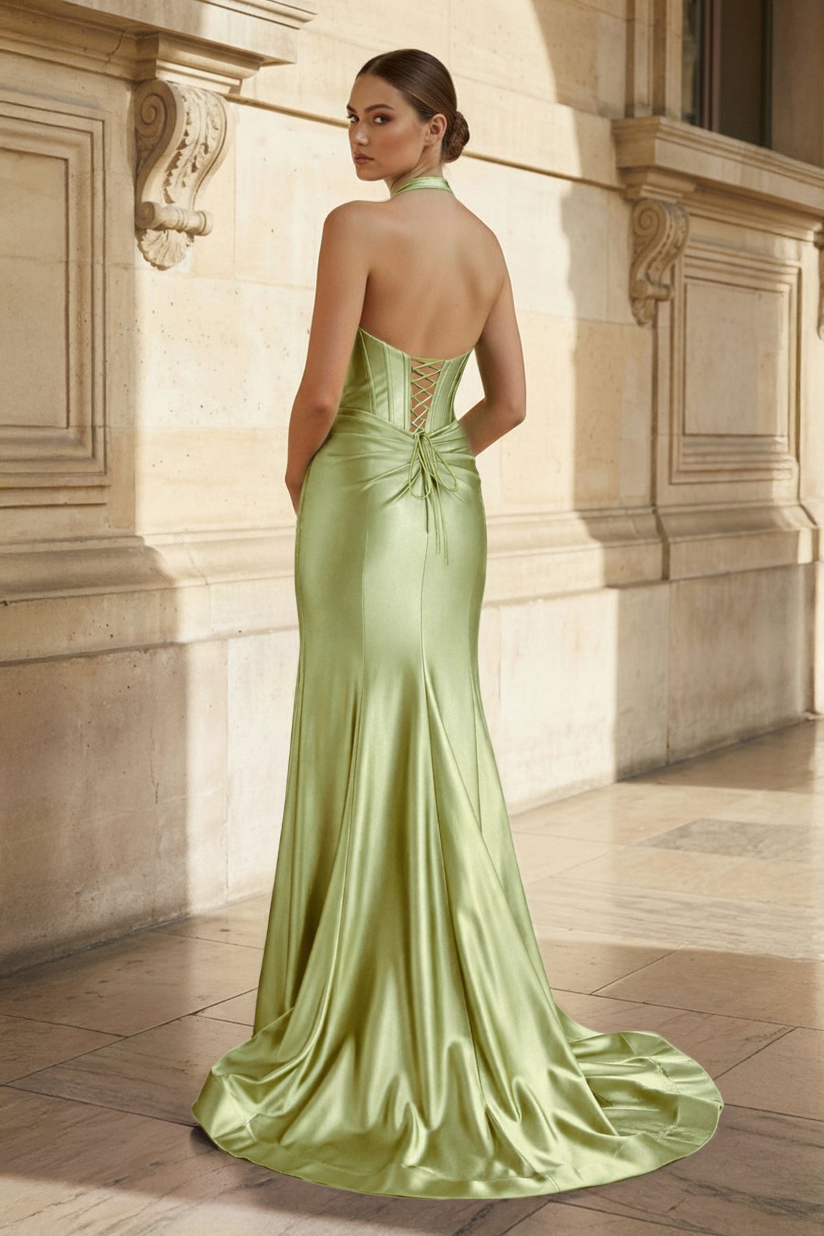 Navy Halter Corset Mermaid Ruched Long Formal Dress with Slit