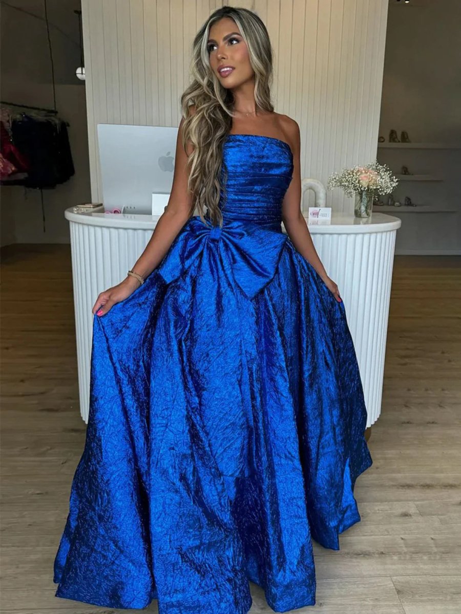 Fuchsia Strapless A-Line Long Prom Dress With Bow