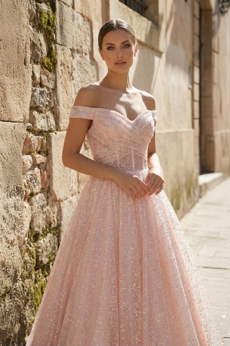 Sparkly Blush Pink Off-the-Shoulder Surplice Long Prom Dress