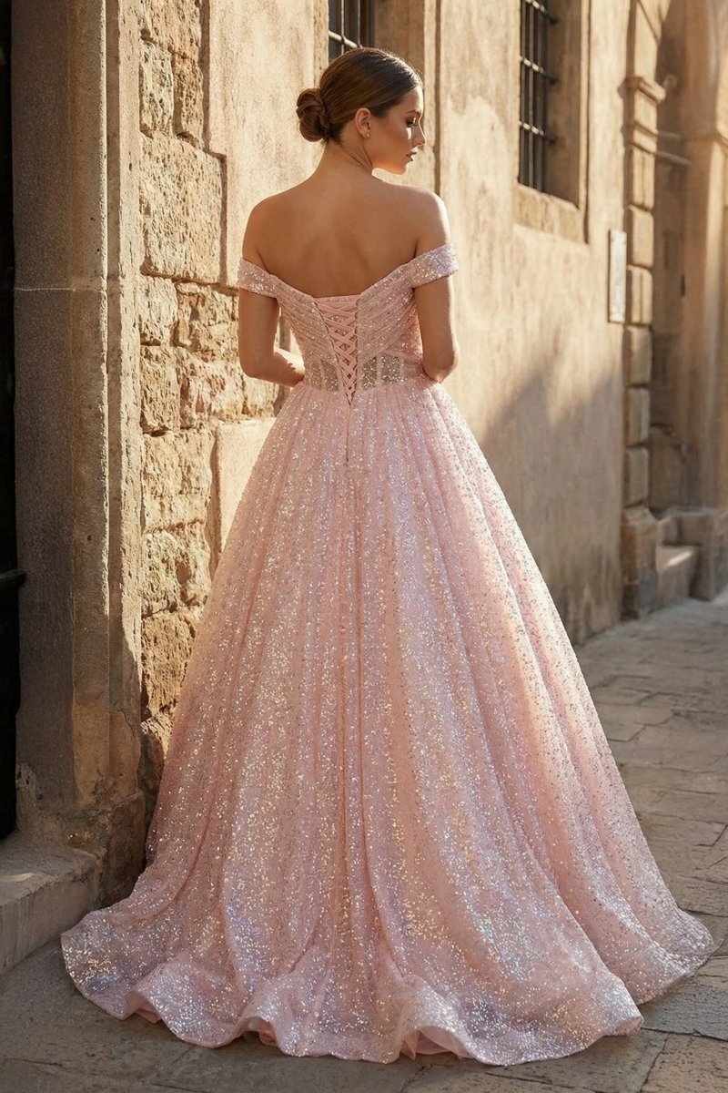 Sparkly Blush Pink Off-the-Shoulder Surplice Long Prom Dress