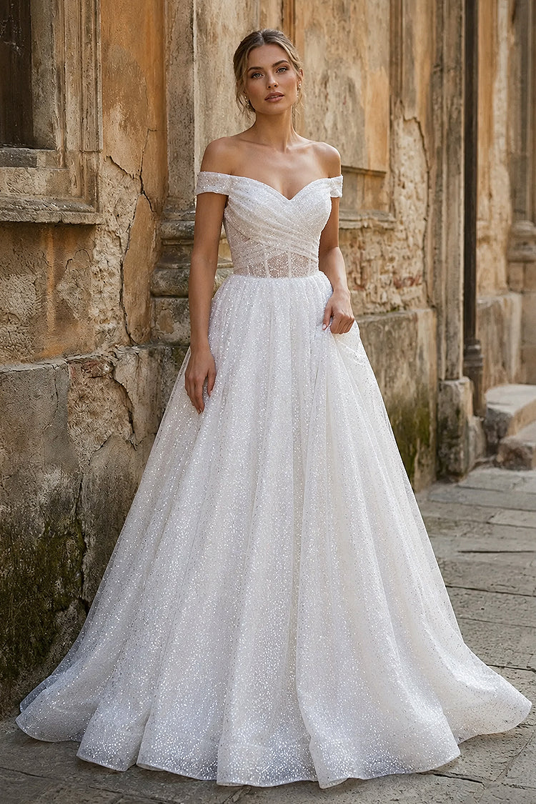 Sparkly Blush Pink Off-the-Shoulder Surplice Long Prom Dress