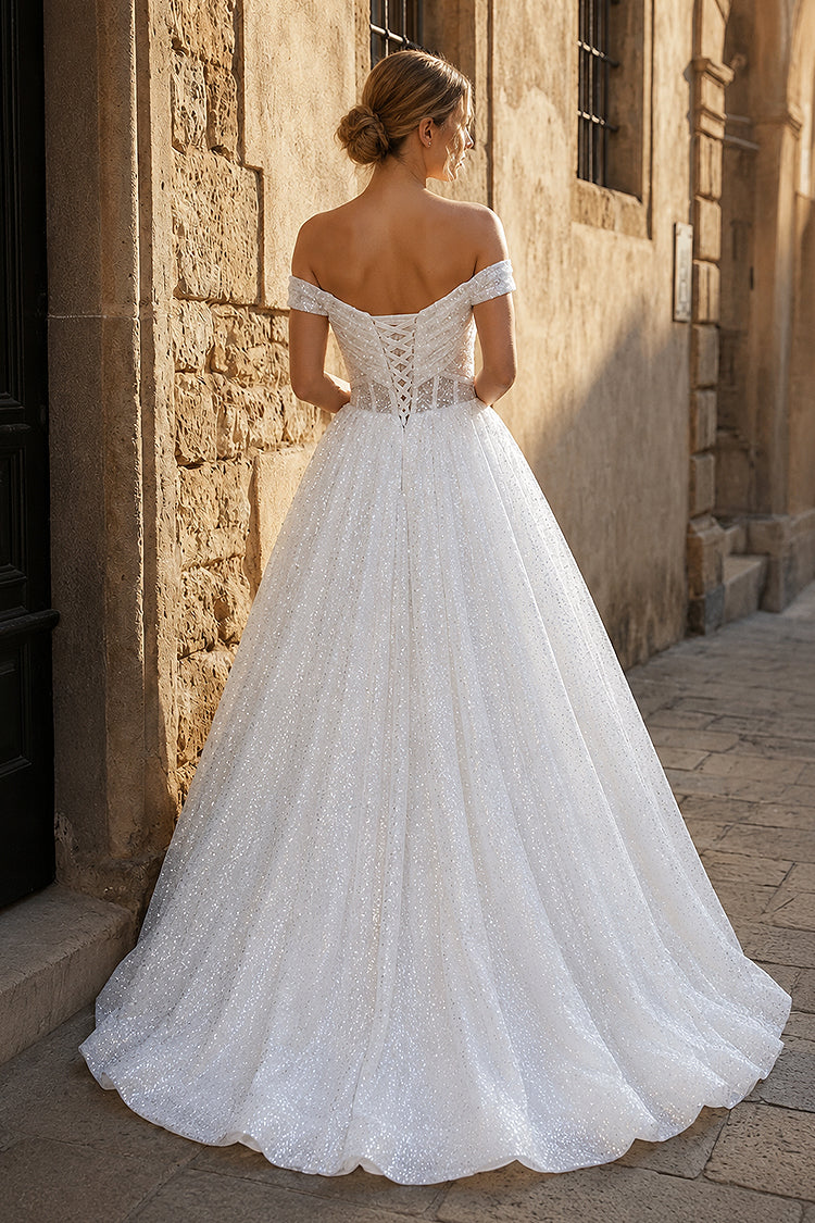 Sparkly Blush Pink Off-the-Shoulder Surplice Long Prom Dress