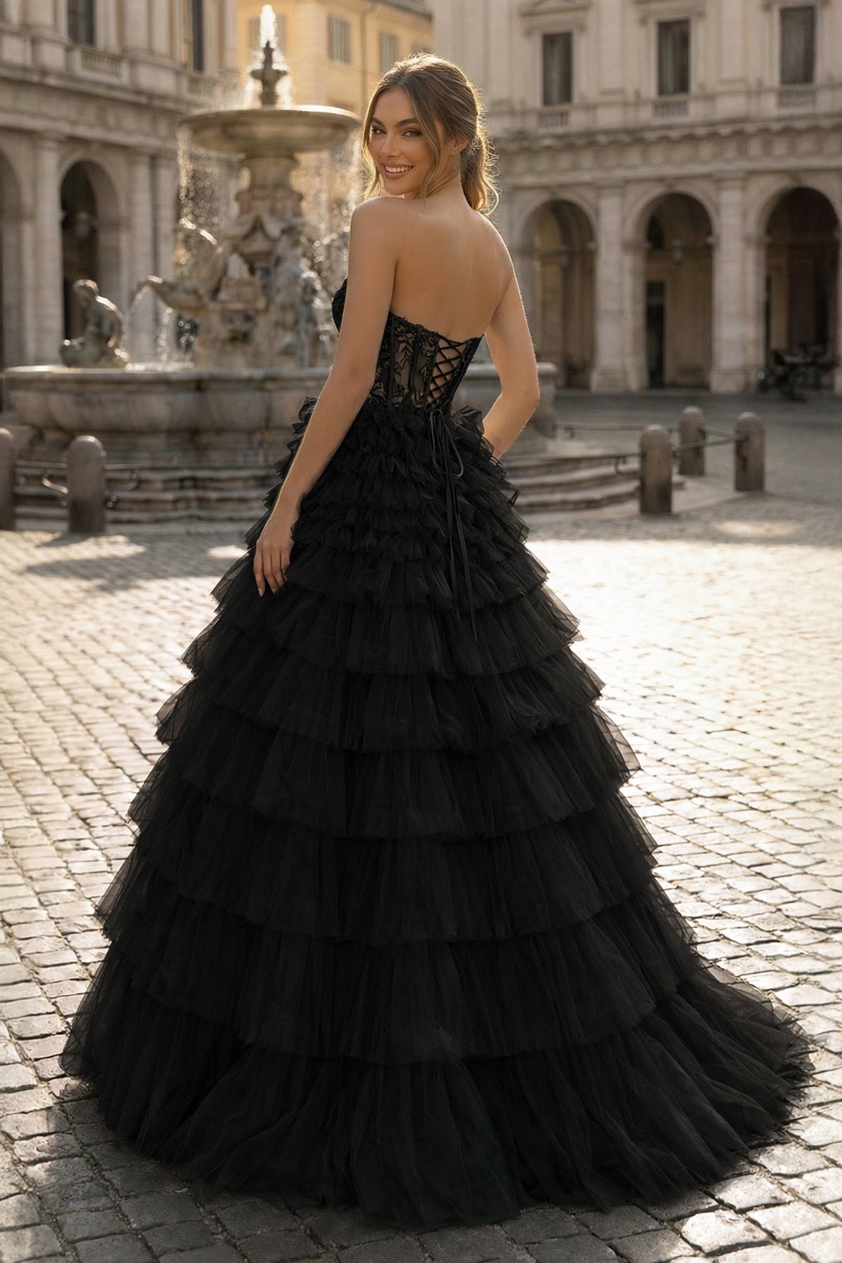 Yellow Sweetheart A Line Tiered Tulle Long Prom Dress
