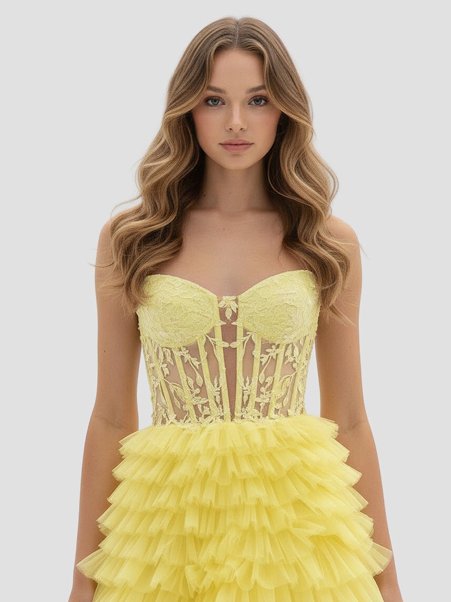 Yellow Sweetheart A Line Tiered Tulle Long Prom Dress