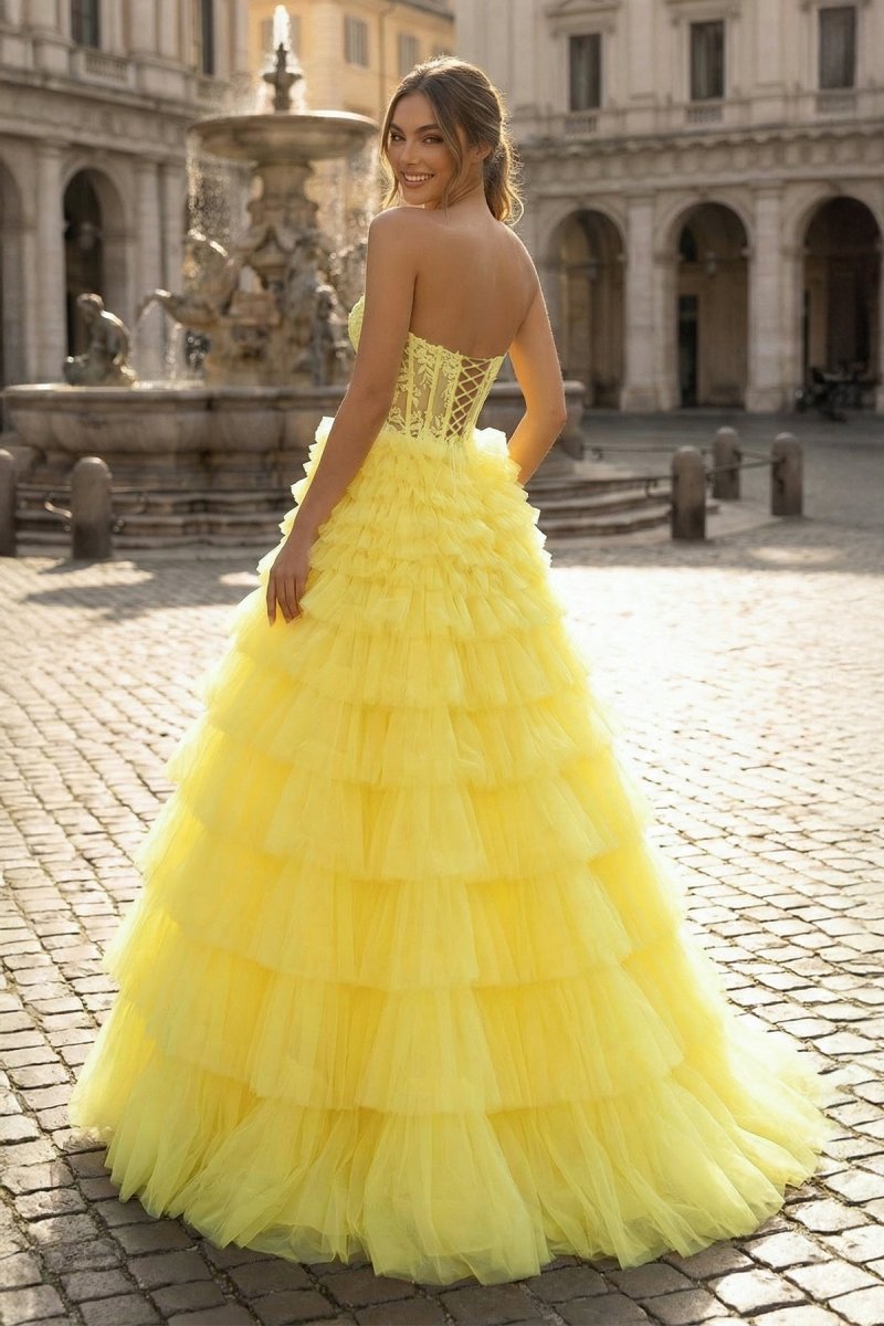Yellow Sweetheart A Line Tiered Tulle Long Prom Dress