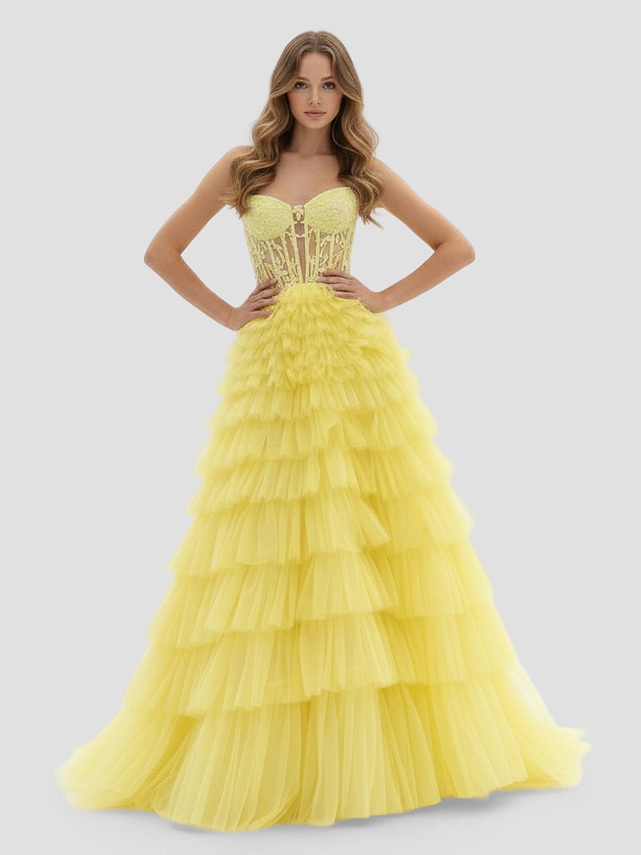 Yellow Sweetheart A Line Tiered Tulle Long Prom Dress