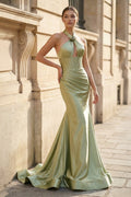 Mermaid Sage Halter Corset Long Prom Dress with Rosette Embellishment