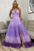A Line Spaghetti Straps Lilac Tulle Prom Dresses with Slit