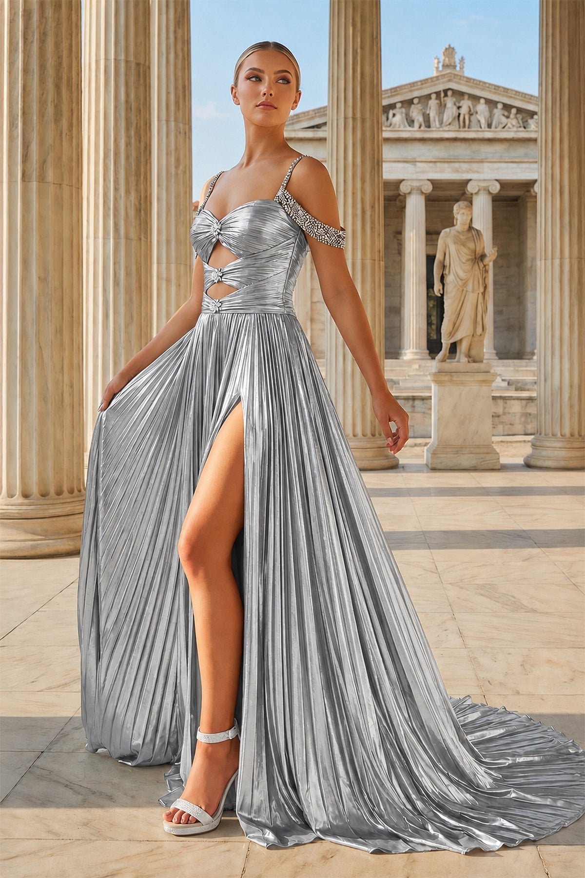 Off the Shoulder Gold A-Line Metallic Pleated Long Formal Gown