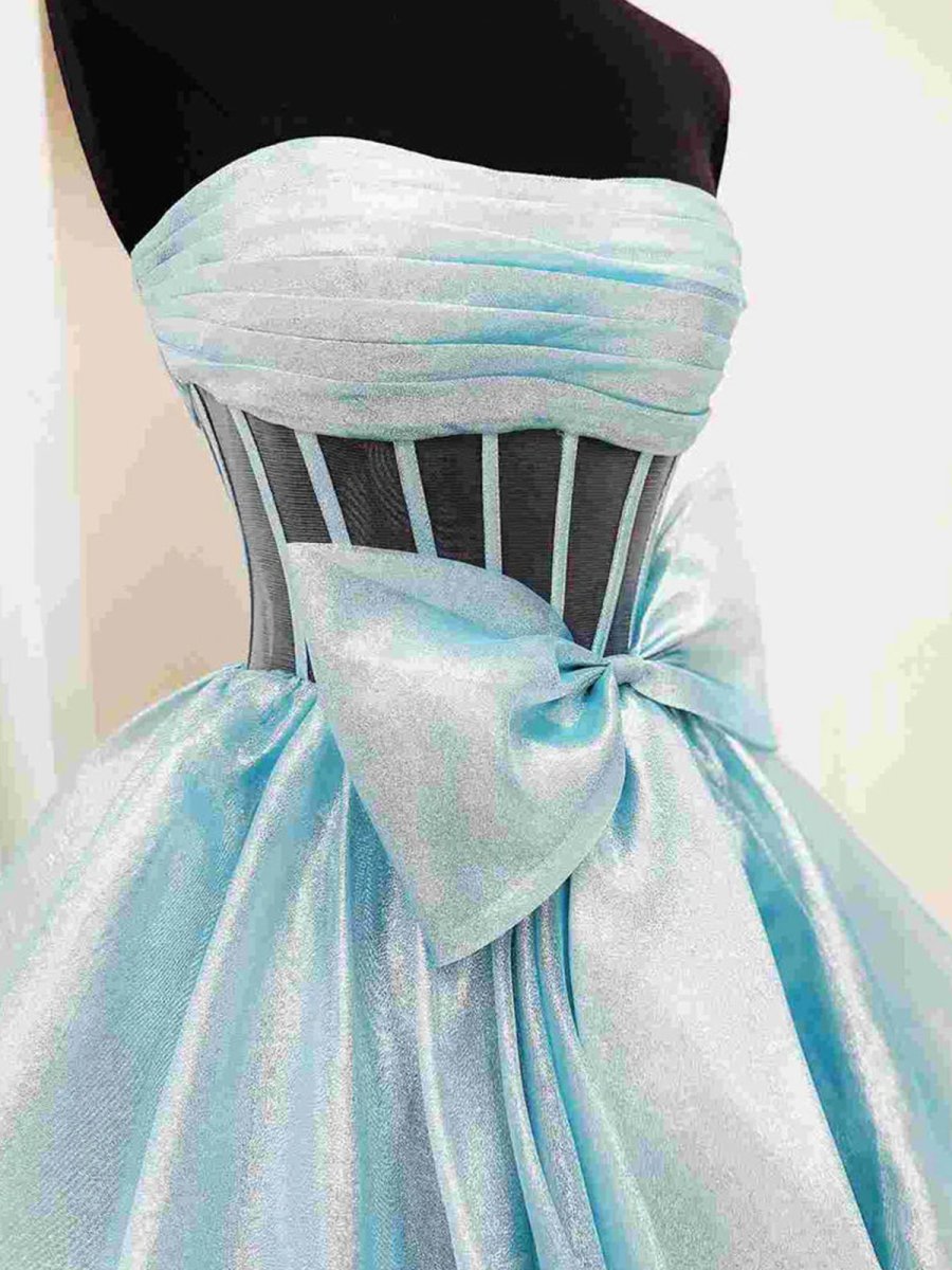 Ball Gown Strapless Organza Long Prom Dresses with Bow