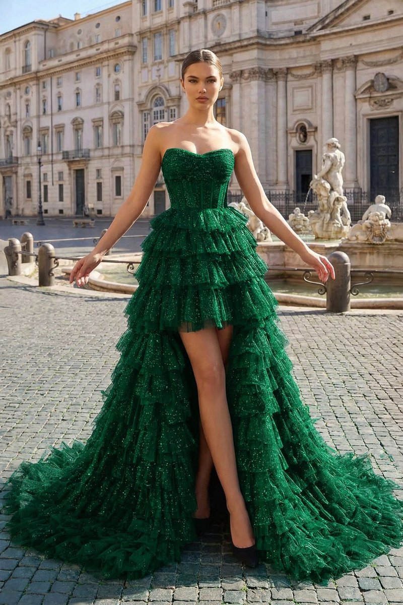 Black Strapless High Low Ruffles Tulle Prom Dress