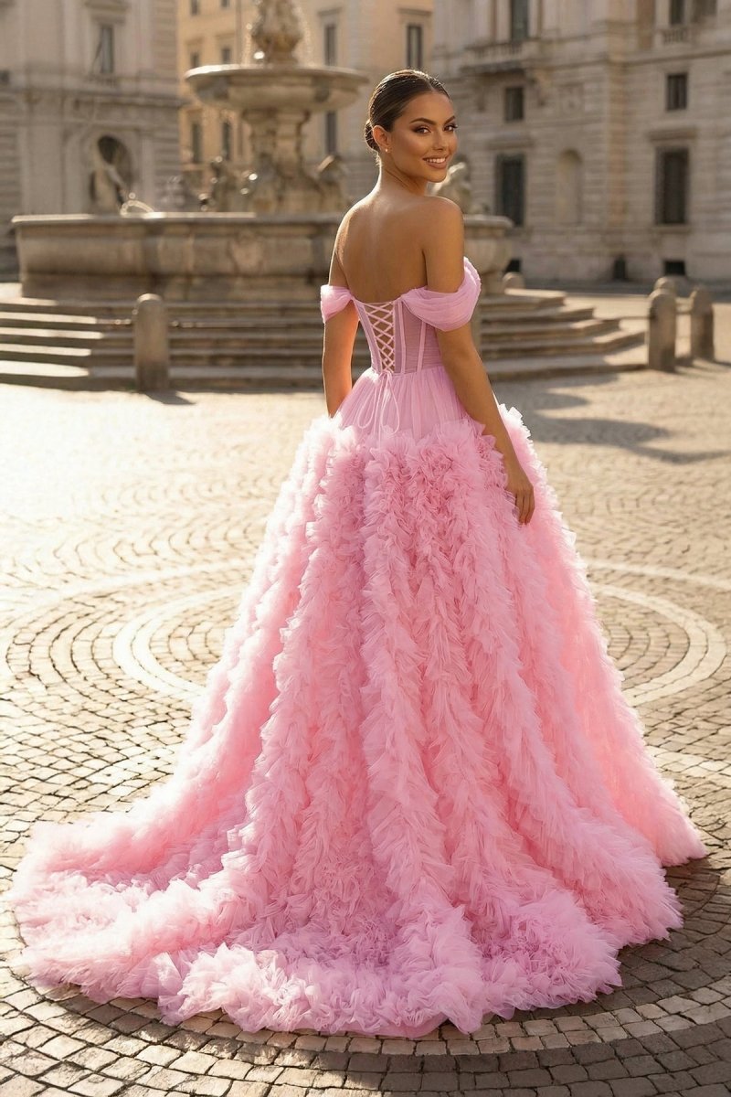 Gorgeous A Line Off the Shoulder Long Tulle Prom Dress with Slit