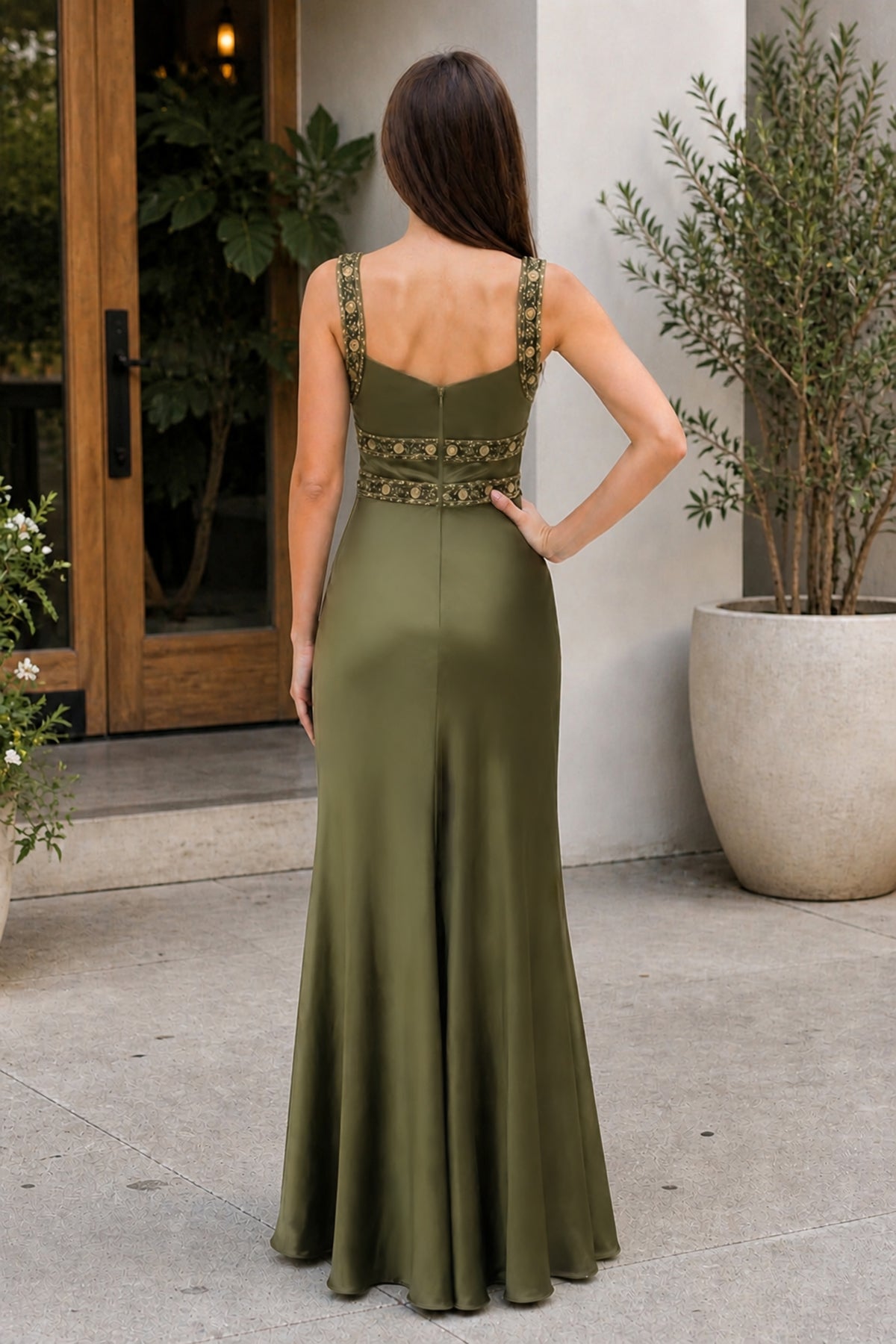 Olive Green Sheath Satin Beaded Long Prom Dresses