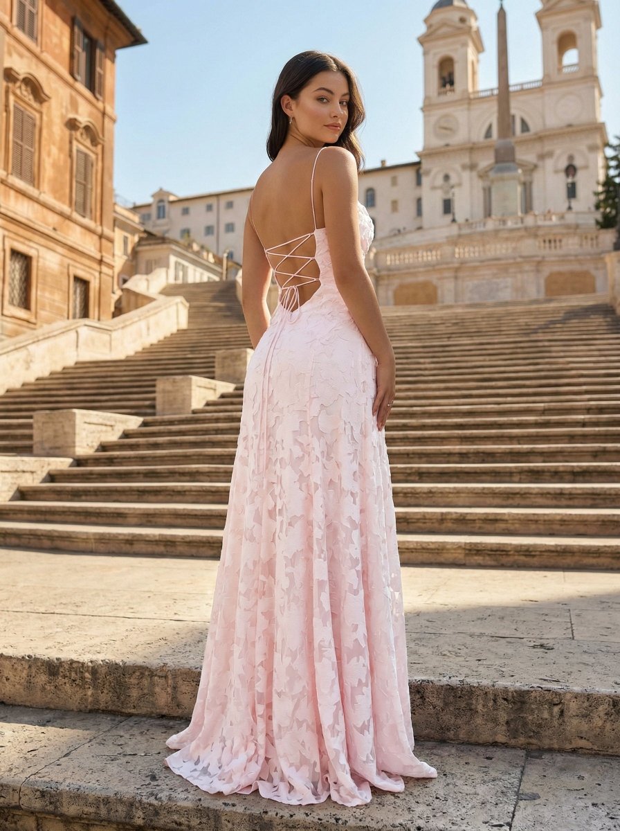 Pink A-Line Lace Floral Spaghetti Straps Long Prom Dresses