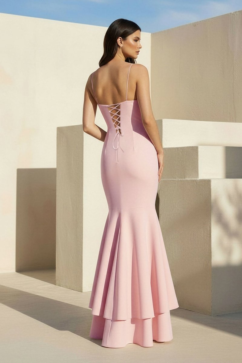 Pink Spaghetti Straps Mermaid Satin Long Prom Dress