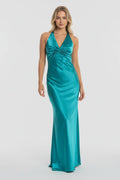 Turquoise Halter V-Neck Pleated Satin Sleeveless Long Prom Party Dress