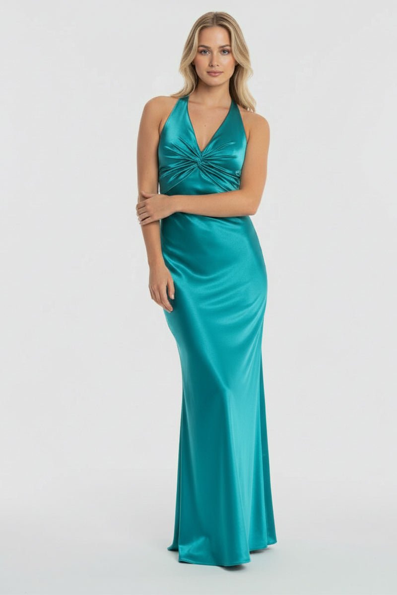 Turquoise Halter V-Neck Pleated Satin Sleeveless Long Prom Party Dress