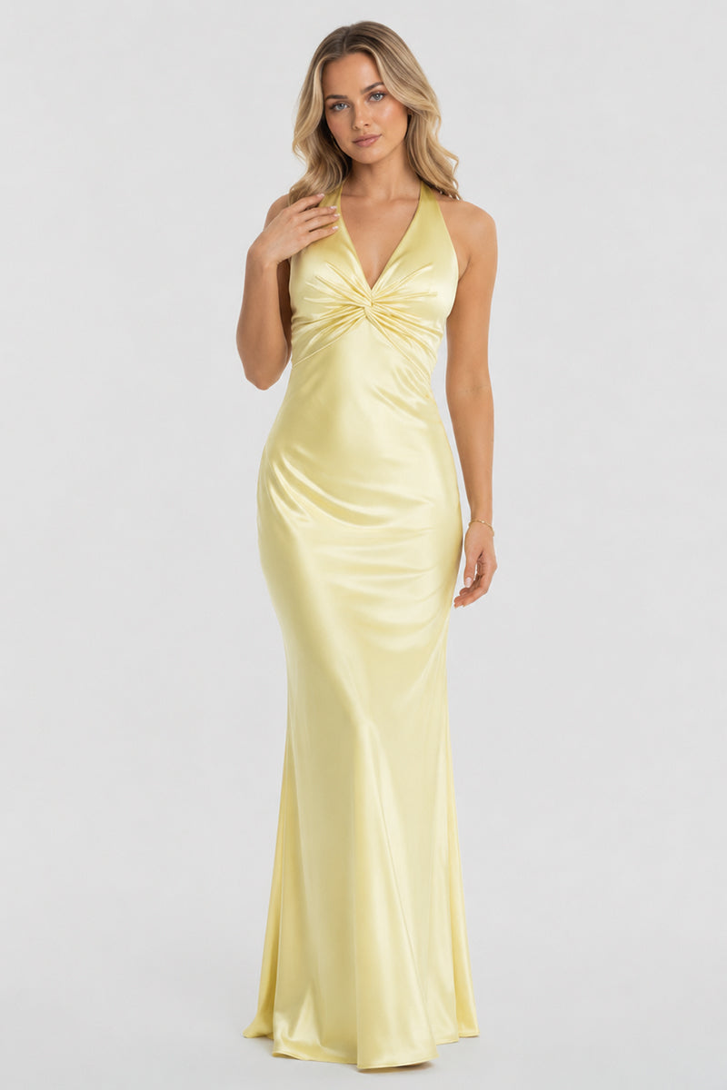 Turquoise Halter V-Neck Pleated Satin Sleeveless Long Prom Party Dress